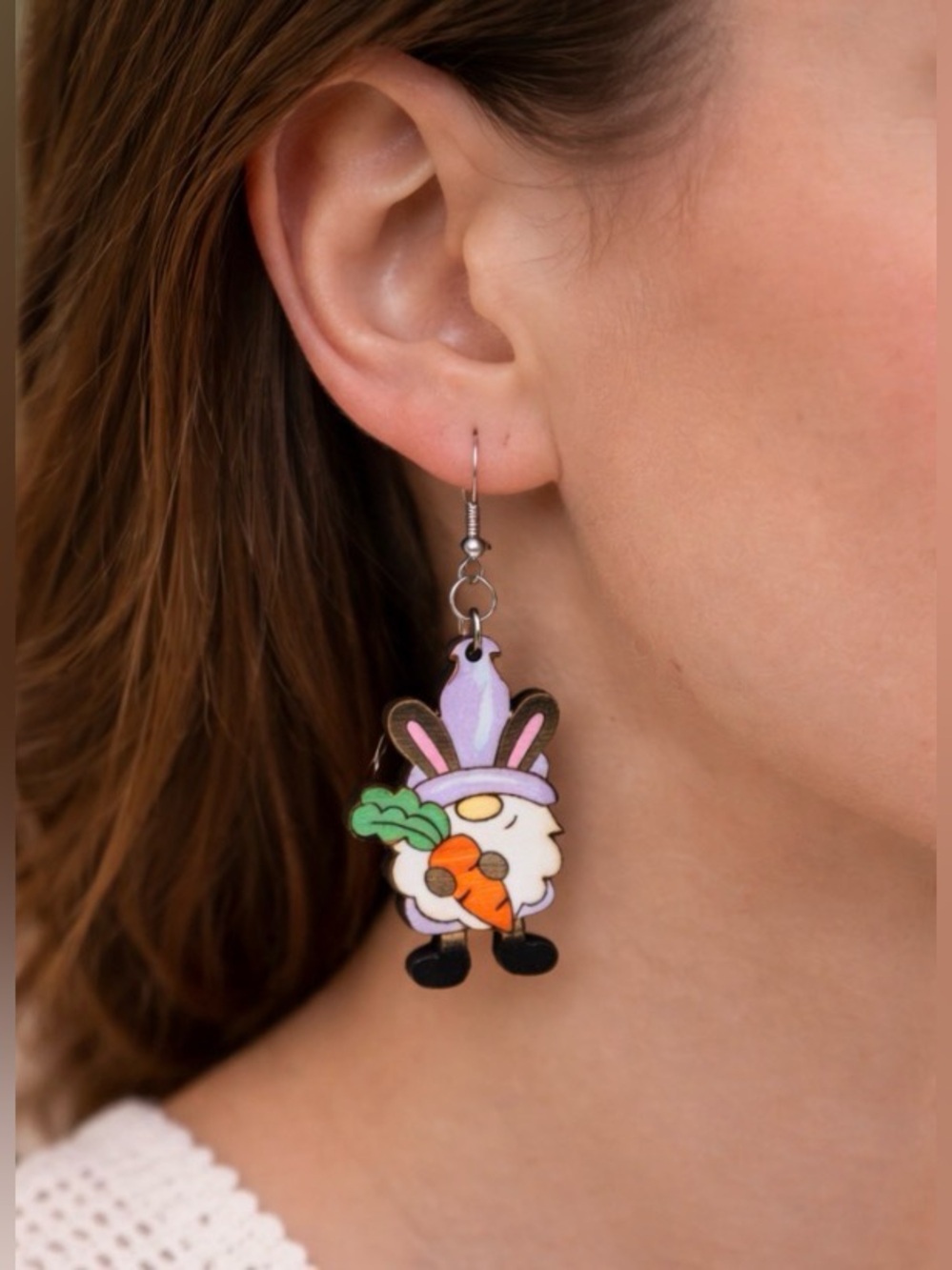 Handmade Lavender Bunny Gnome Wooden Dangle Earrings Spring Easter Boho Y2K